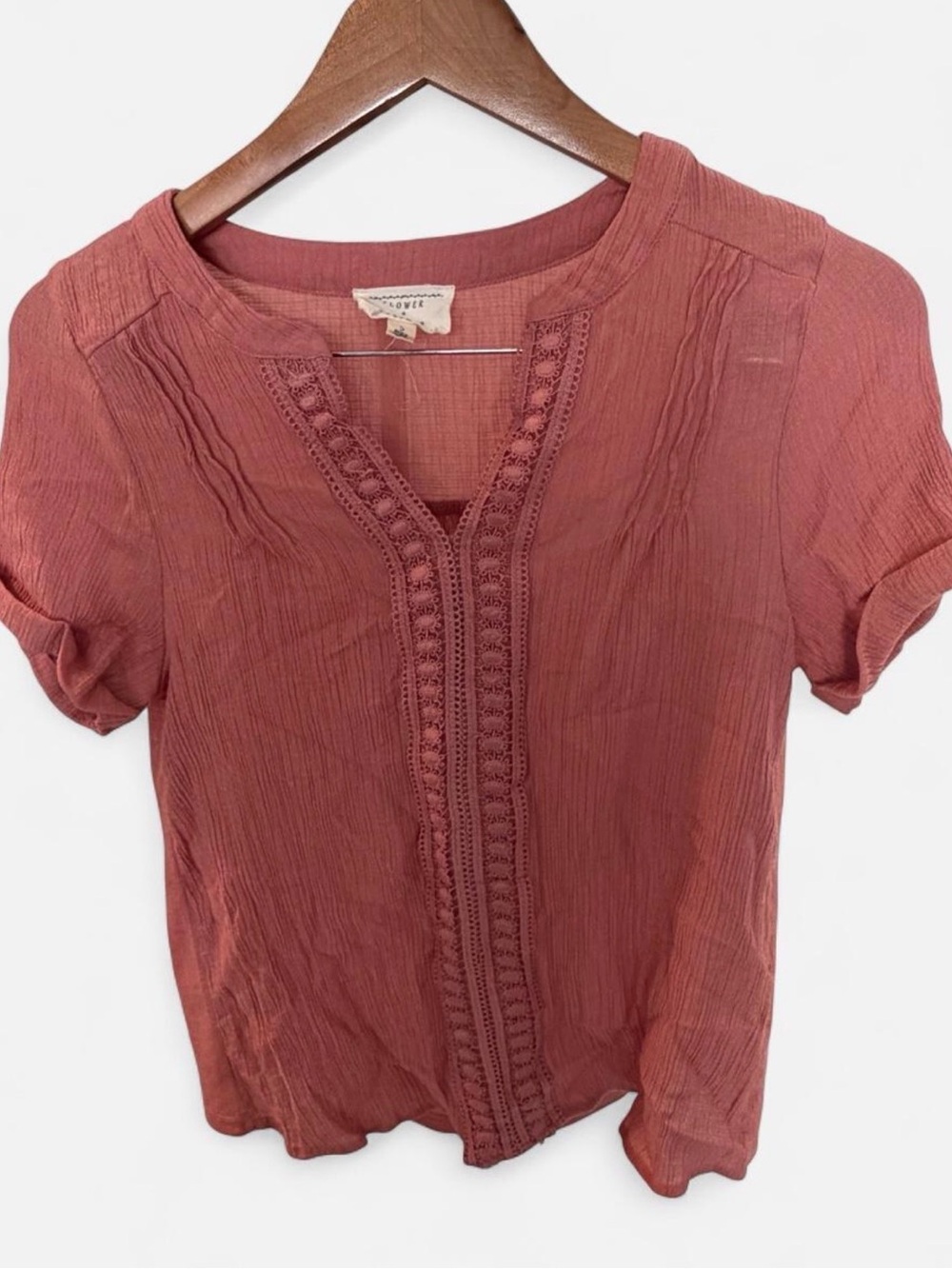 Rosewood Crochet-Trim Short Sleeve Blouse —Dusty Pink Boho Coquette